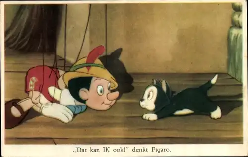 Künstler Ak Walt Disney, Pinocchio als Marionette, Figaro