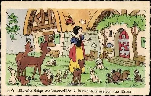 Künstler Ak Walt Disney, Blanche Neige, Schneewittchen, Haus der Zwerge, Waldtiere, Eichhörnchen