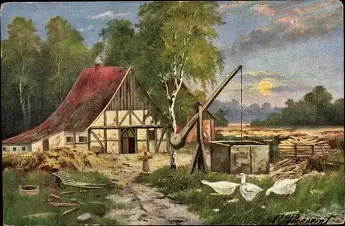 Künstler Ak Present, Bauernhofszene, Brunnen, Gänse