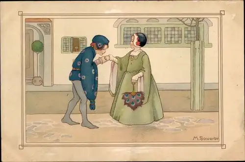 Künstler Ak Sowerby, M., Liebespaar, Fächer aus Pfauenfedern