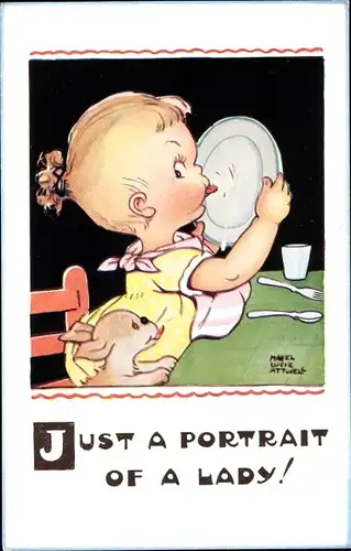 Künstler Ak Attwell, Mabel Lucy, Mädchen leckt den Teller ab, Hund