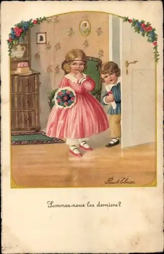 Künstler Ak Ebner, Pauli, Mädchen mit Blumenstrauß, kleiner Junge an der Tür