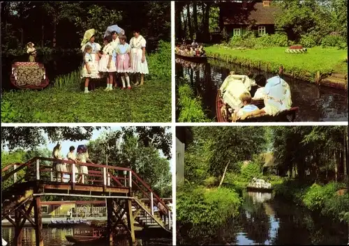 Ak Spreewald, Spreewälderinnen in Tracht, Kahn, Brücke