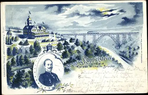 Mondschein Litho Küppelstein Westhausen Remscheid im Bergischen Land, Kaiser-Wilhelm-Brücke, Schloss