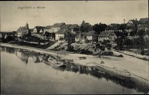 Ak Jagstfeld Bad Friedrichshall in Württemberg, Totalansicht, Fluss, Boote