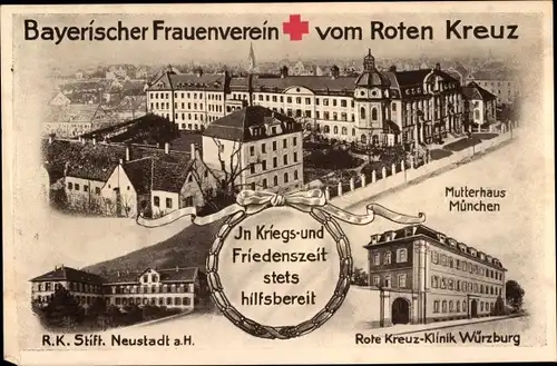 Ak München Bayern, Bayerischer Frauenverein, Rotes Kreuz, Mutterhaus, Klinik Würzburg,Stift Neustadt