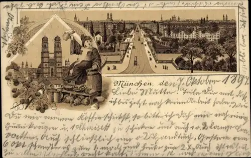 Litho München, Frauenkirche, Münchner Kindl, Bierkrug, Panorama