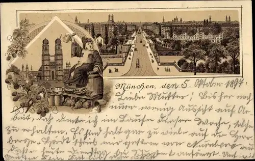 Litho München, Frauenkirche, Münchner Kindl, Bierkrug, Panorama