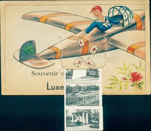 Leporello Ak Wallonien Luxemburg, Junge wirft Briefe aus Flugzeug, Ortsansichten