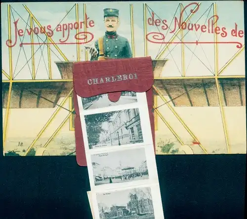 Leporello Ak Charleroi Wallonien Hennegau, Postbote im Flugzeug, Stadtansichten