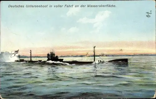 Ak Deutsches U Boot, Unterseeboot in voller Fahrt an der Wasseroberfläche