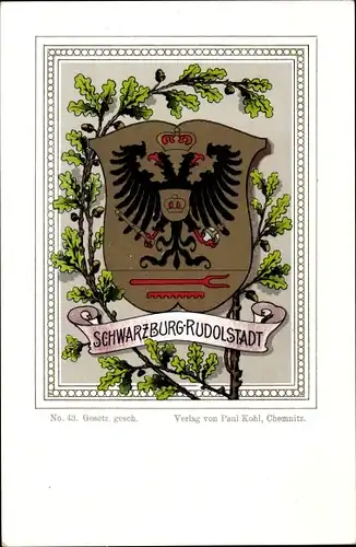 Wappen Litho Schwarzburg Rudolstadt, Doppelkopfadler, Eichenlaub