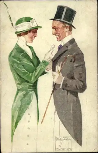 Künstler Ak Hohlwein, Ludwig, Mann im Frack mit Zylinder, Frau in grüner Jacke, Bayrischer Blumentag
