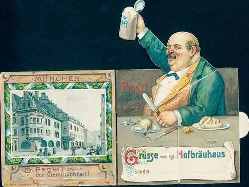 Mechanische Klapp Ak München, Hofbräuhaus, Ein Prosit der Gemütlichkeit, Mann mit Bierkrug