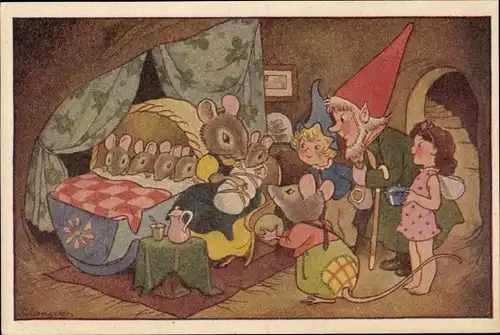 Künstler Ak Zwerge und vermenschlichte Mäuse