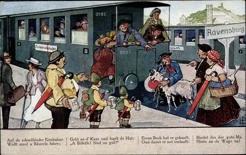 Lied Künstler Ak Boettcher, Hans, Auf de schwäbische Eisebahne, Bahnhof Ravensburg