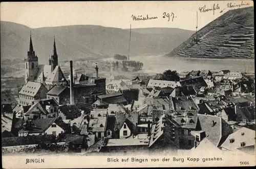 Ak Bingen am Rhein, Panorama von der Burg Kopp, Basilika St. Martin