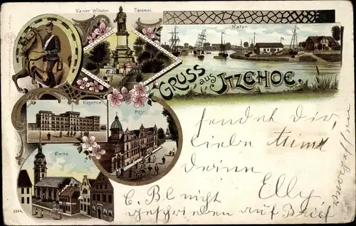 Litho Itzehoe in Schleswig Holstein, Hafen, Kaiser Wilhelm Denkmal, Kaserne, Post, Kirche
