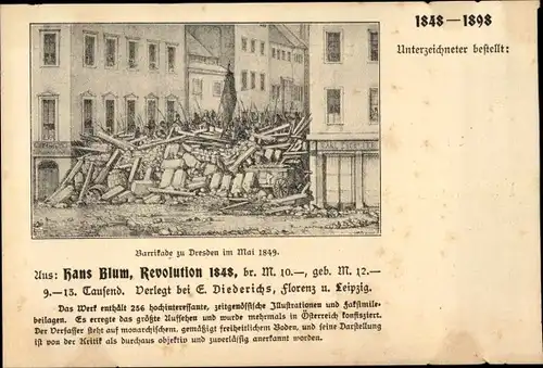 Künstler Ak Blum, Hans, Dresden Zentrum Altstadt, Barrikade im Mai 1849