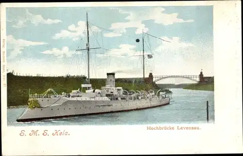 Ak Hochbrücke Levensau, Deutsches Kriegsschiff, SMS Hela, Aviso