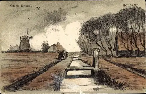 Künstler Ak De Kwakel Nordholland Niederlande, Kanal, Windmühle, Haus