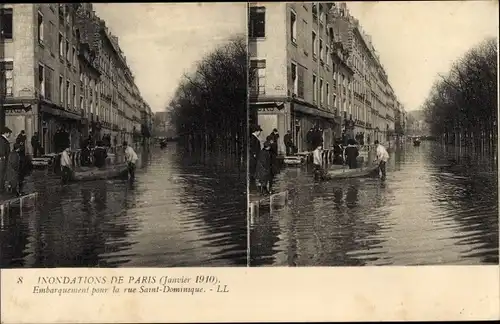 Stereo Ak Überschwemmungen von Paris 1910, Einsteigen in die Rue Saint-Dominique
