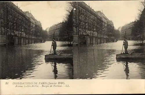 Stereo Ak Überschwemmungen von Paris 1910, Avenue Ledru-Rollin, Fortune Boat