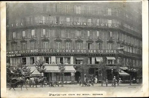 Ak Paris X., Ecke Boulevard Denain, Hotel Terminus, Hotel du Chemin de Fer du Nord