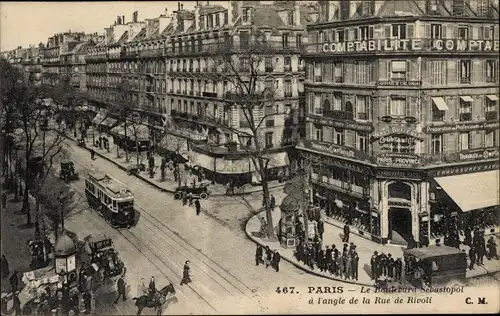 Ak Paris IV, Boulevard de Sébastopol, Rue de Rivoli, Straßenbahn