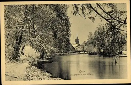 Ak Gera in Thüringen, Elster im Winter, Kirche