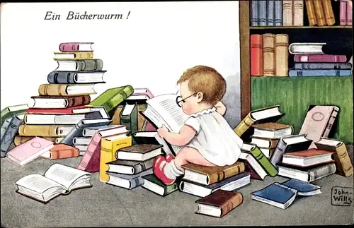 Künstler Ak Wills, John, Bücherwurm, Kleinkind mit Brille, Bücher