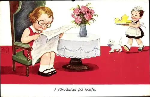 Künstler Ak Wills, John, Mädchen liest in der Zeitung, Hausmädchen, Tablett, Katze