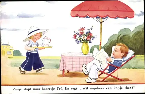 Künstler Ak Wills, John, Junge im Liegestuhl liest in der Zeitung