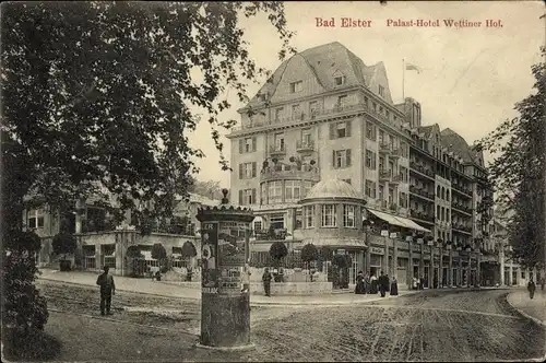 Ak Bad Elster im Vogtland, Palast-Hotel Wettiner Hof, Litfaßsäule