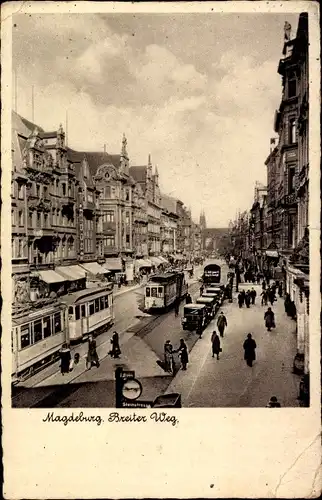 Ak Magdeburg an der Elbe, Breiter Weg, Straßenbahnen, Passanten, Autos, Geschäfte