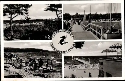 Ak Timmendorfer Strand in Ostholstein, Landungsbrücke, Strandleben, Segelboote, Sonnenschirme