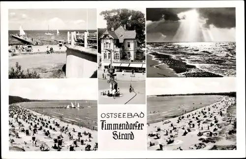 Ak Timmendorfer Strand in Ostholstein, Landungsbrücke, Segelboote, Strand, Sonnenlicht durch Wolke