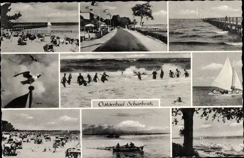 Ak Ostseebad Scharbeutz in Holstein, Strand, Promenade, Segelboot, Möwe, Badegäste, Strandkörbe