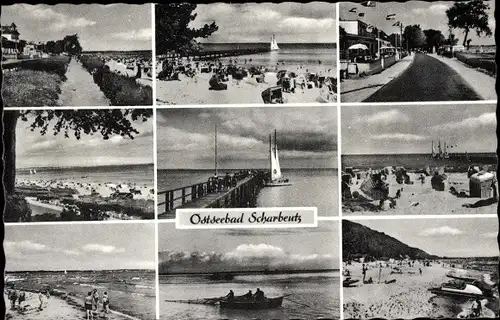 Ak Ostseebad Scharbeutz in Holstein, Promenade, Strand, Segelboot, Brücke