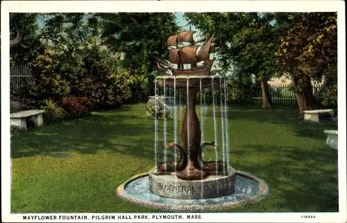 Ak Plymouth, Massachusetts, USA, Mayflower-Brunnen im Pilgrim Hall Park