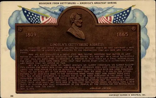 Ak Gettysburg Pennsylvania USA, Bronzetablett, Lincoln