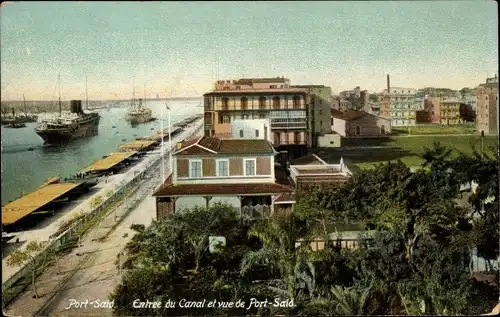 Ak Port Said Ägypten, Kanaleingang, Dampfschiff, Blick auf den Ort