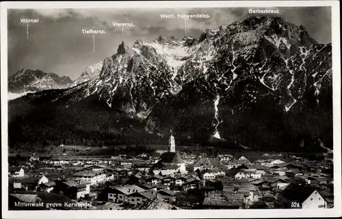 Ak Mittenwald in Oberbayern, Panorama, Karwendel, Wörner, Gerberkreuz