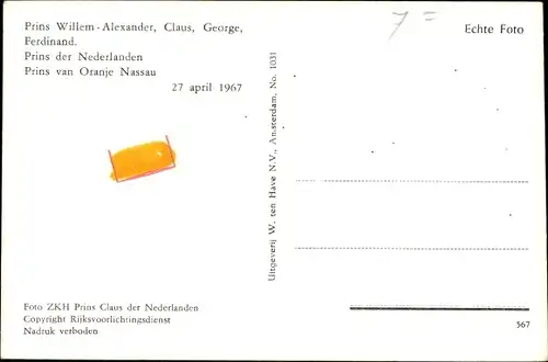 Ak Prinz Willem Alexander als Neugeborener, 1967, Adel Niederlande