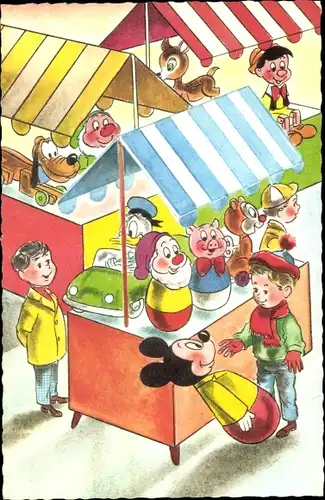 Künstler Ak Walt Disney, Verkaufsstand für Spielzeuge, Donald Duck, Mickey Maus