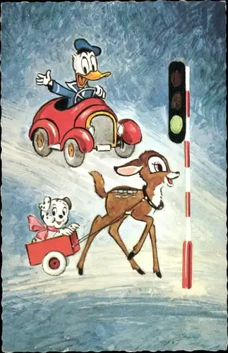 Künstler Ak Walt Disney, Donald Duck im Auto, Bambi, Ampel