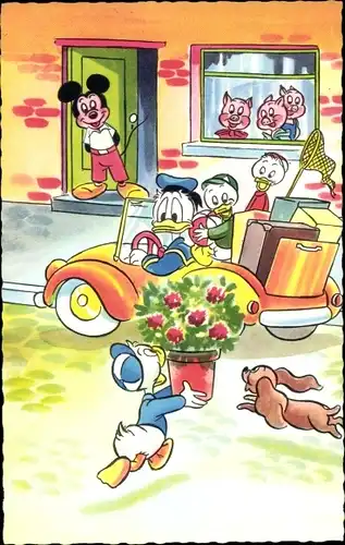 Künstler Ak Walt Disney, Donald Duck mit Neffen, Mickey Maus