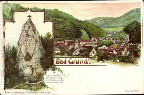 Litho Bad Grund im Harz, Gesamtansicht, Hübichenstein, Denkmal Kaiser Wilhelm I.