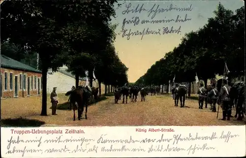 Ak Zeithain in Sachsen, Truppenübungsplatz, Kaiser Albert Straße, Husaren-Regiment 12, Soldaten