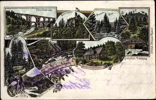 Litho Jocketa Pöhl im Vogtland, Elstertalbrücke, Ruine Liebau, Loreleyfelsen